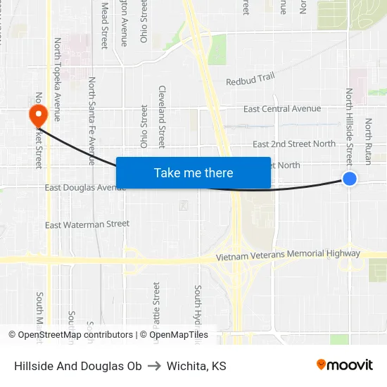 Hillside And Douglas Ob to Wichita, KS map