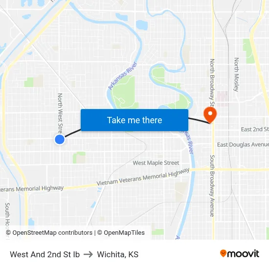 West And 2nd St Ib to Wichita, KS map