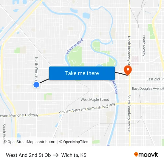 West And 2nd St Ob to Wichita, KS map