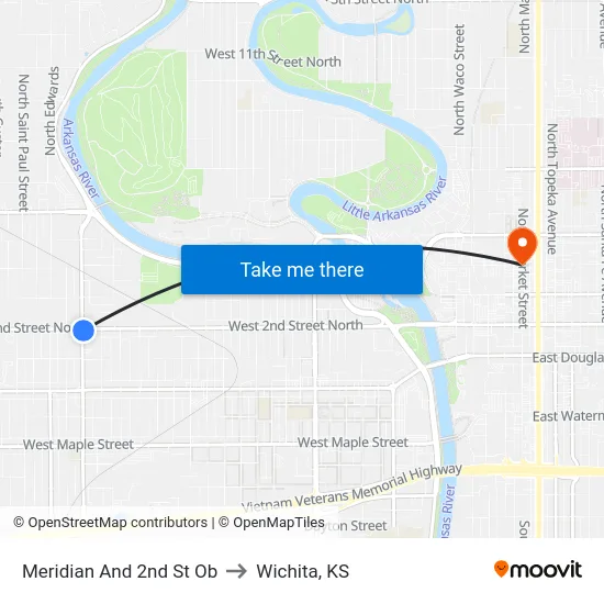 Meridian And 2nd St Ob to Wichita, KS map