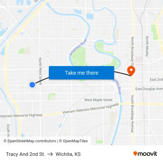 Tracy And 2nd St. to Wichita, KS map
