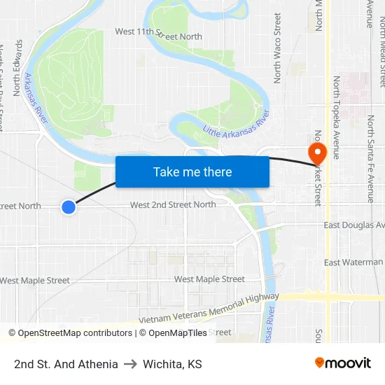 2nd St. And Athenia to Wichita, KS map
