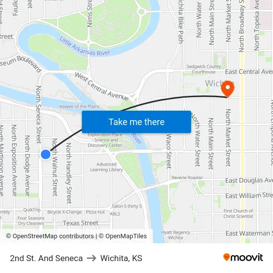 2nd St. And Seneca to Wichita, KS map