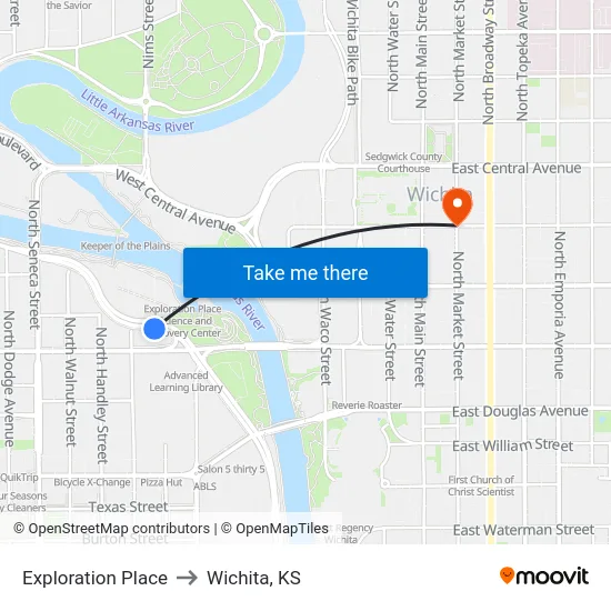 Exploration Place to Wichita, KS map