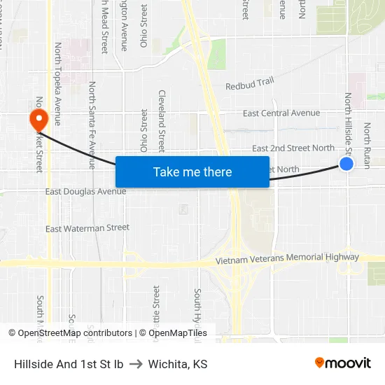 Hillside And 1st St Ib to Wichita, KS map
