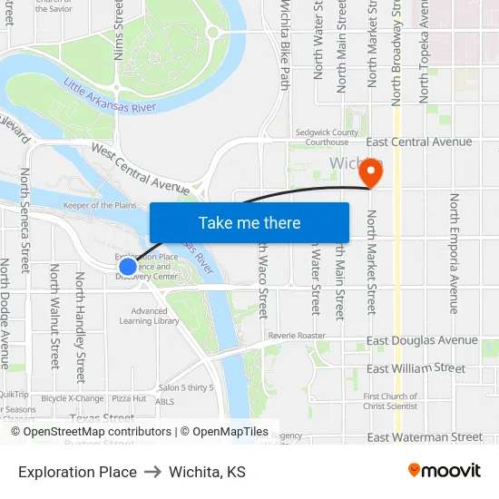 Exploration Place to Wichita, KS map