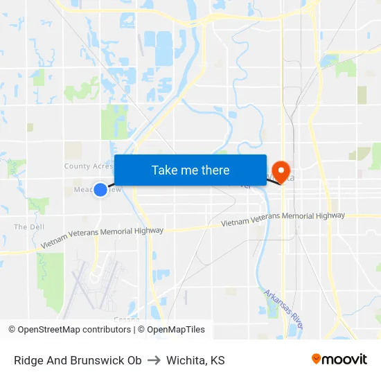 Ridge And Brunswick Ob to Wichita, KS map