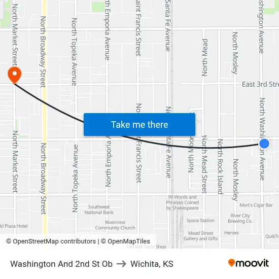 Washington And 2nd St Ob to Wichita, KS map
