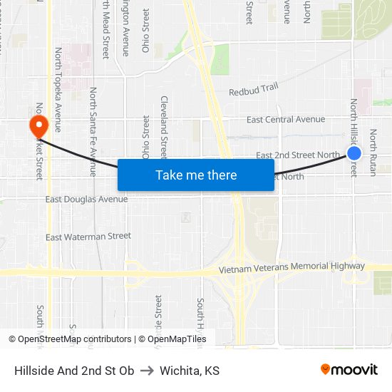 Hillside And 2nd St Ob to Wichita, KS map