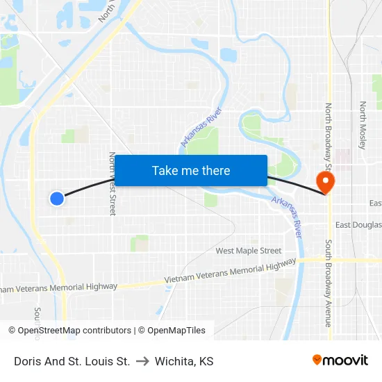 Doris And St. Louis St. to Wichita, KS map