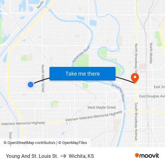 Young And St. Louis St. to Wichita, KS map