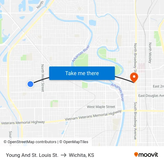 Young And St. Louis St. to Wichita, KS map