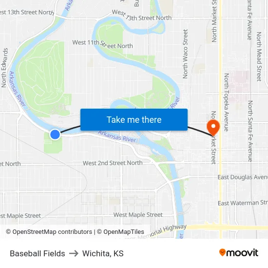 Baseball Fields to Wichita, KS map