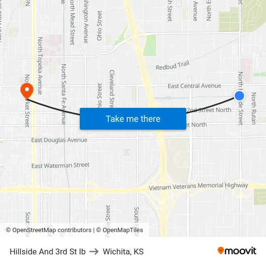 Hillside And 3rd St Ib to Wichita, KS map