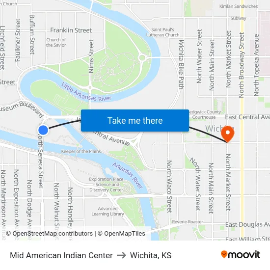 Mid American Indian Center to Wichita, KS map