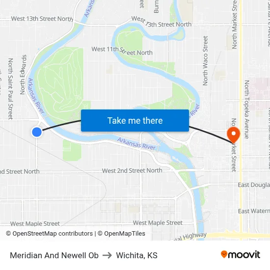 Meridian And Newell Ob to Wichita, KS map
