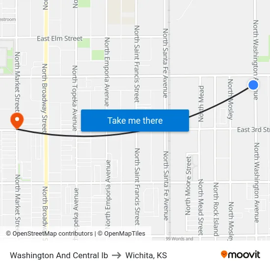 Washington And Central Ib to Wichita, KS map