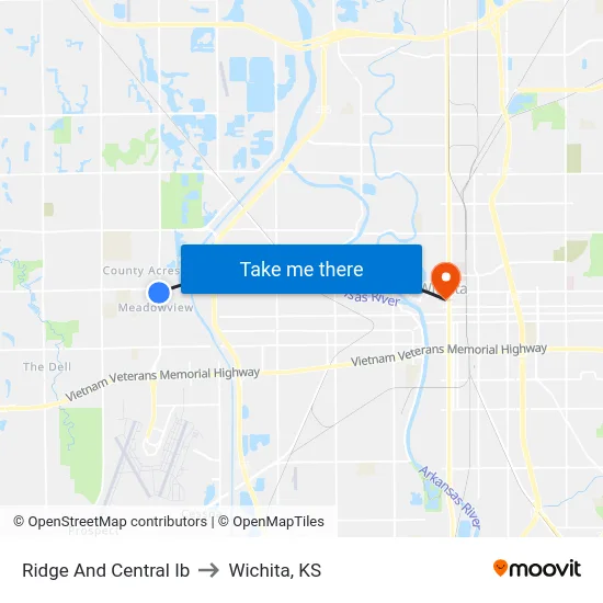 Ridge And Central Ib to Wichita, KS map