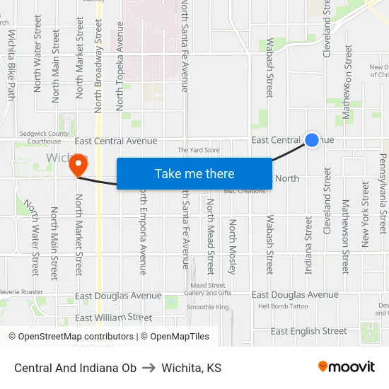 Central And Indiana Ob to Wichita, KS map