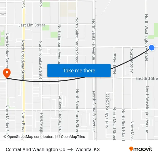 Central And Washington Ob to Wichita, KS map
