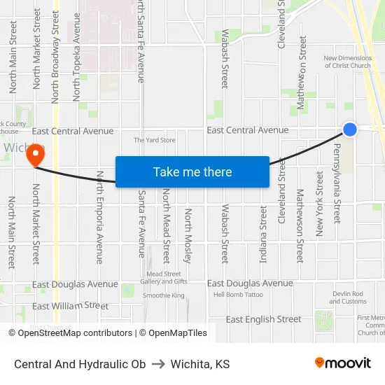 Central And Hydraulic Ob to Wichita, KS map
