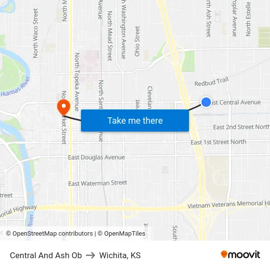 Central And Ash Ob to Wichita, KS map