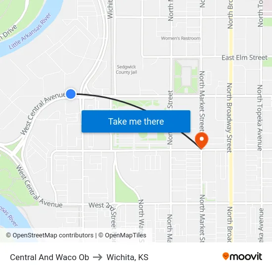 Central And Waco Ob to Wichita, KS map