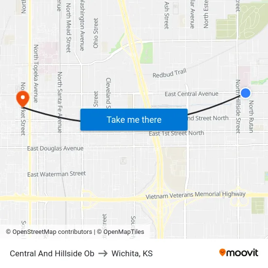 Central And Hillside Ob to Wichita, KS map