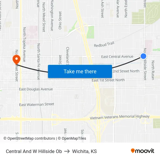 Central And W Hillside Ob to Wichita, KS map