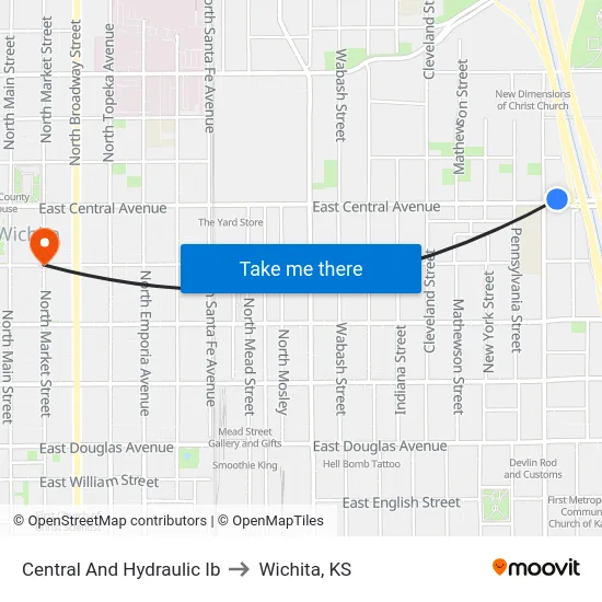 Central And Hydraulic Ib to Wichita, KS map