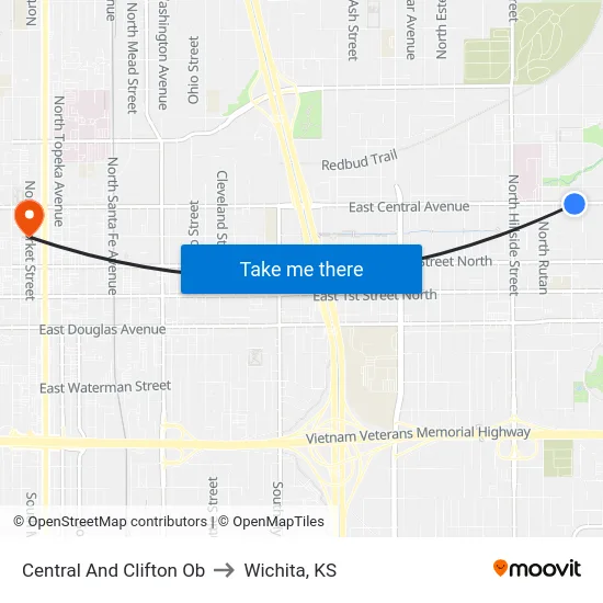 Central And Clifton Ob to Wichita, KS map