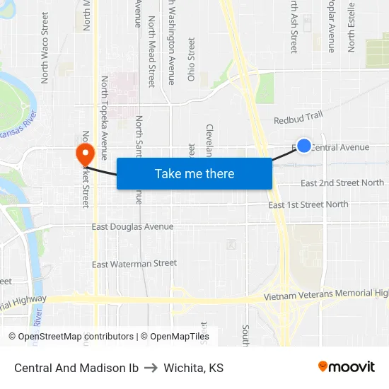 Central And Madison Ib to Wichita, KS map