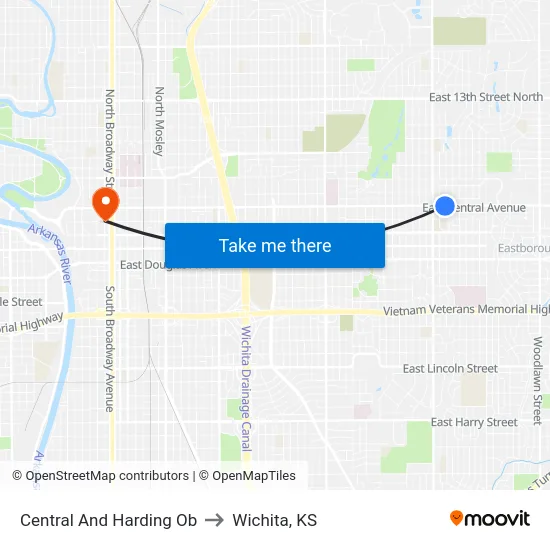 Central And Harding Ob to Wichita, KS map