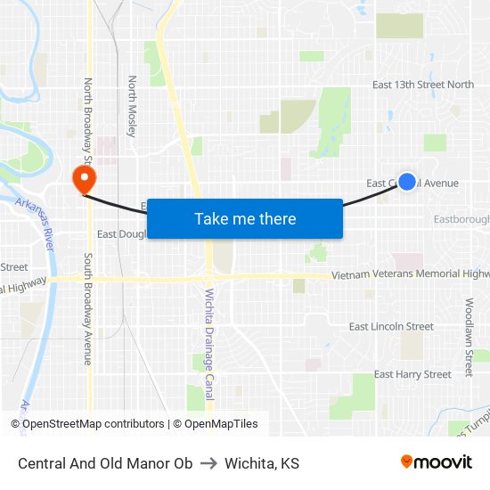 Central And Old Manor Ob to Wichita, KS map