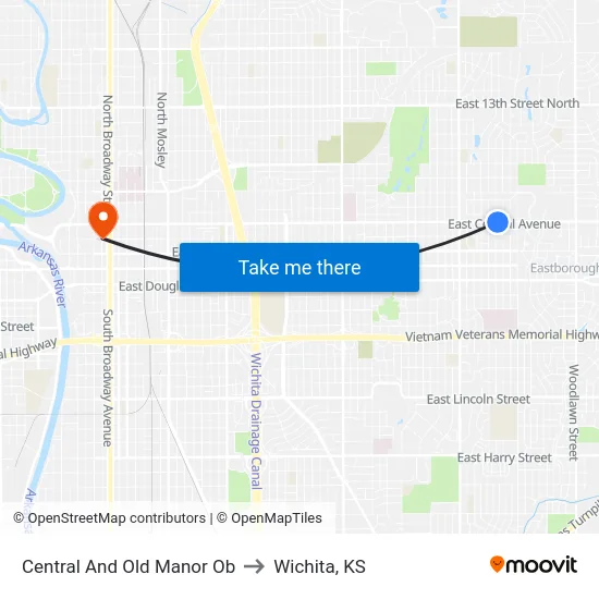 Central And Old Manor Ob to Wichita, KS map