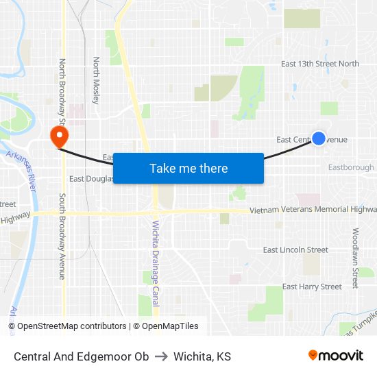 Central And Edgemoor Ob to Wichita, KS map