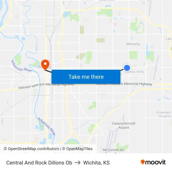 Central And Rock Dillons Ob to Wichita, KS map