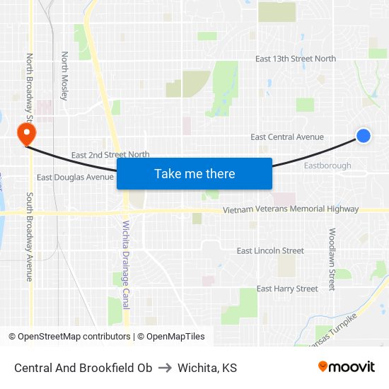 Central And Brookfield Ob to Wichita, KS map