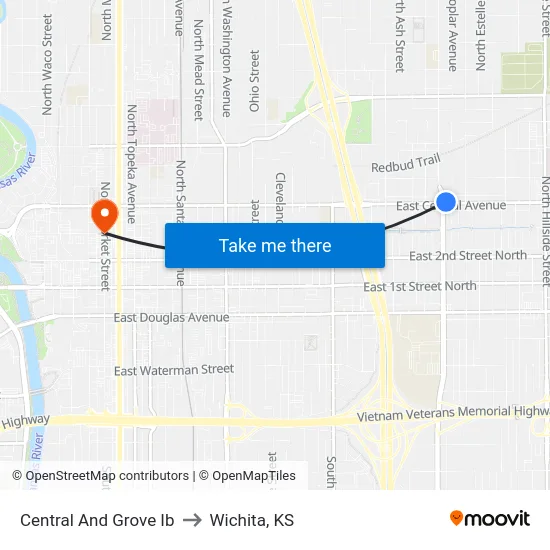 Central And Grove Ib to Wichita, KS map