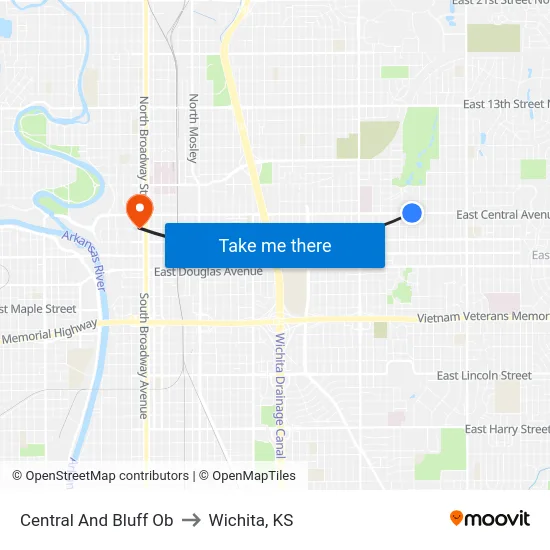 Central And Bluff Ob to Wichita, KS map