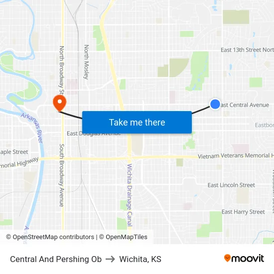 Central And Pershing Ob to Wichita, KS map