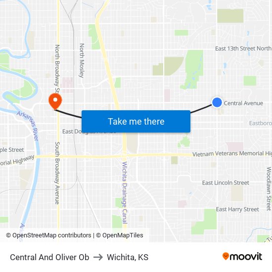 Central And Oliver Ob to Wichita, KS map