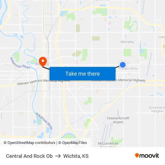 Central And Rock Ob to Wichita, KS map