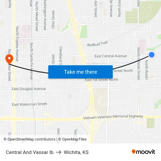 Central And Vassar Ib to Wichita, KS map