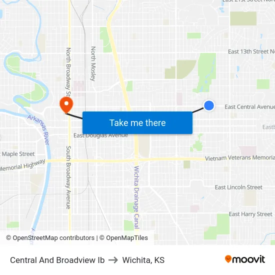 Central And Broadview Ib to Wichita, KS map