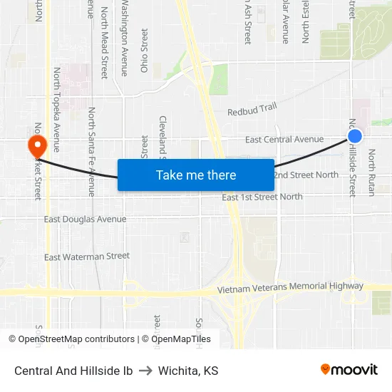 Central And Hillside Ib to Wichita, KS map