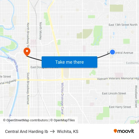 Central And Harding Ib to Wichita, KS map