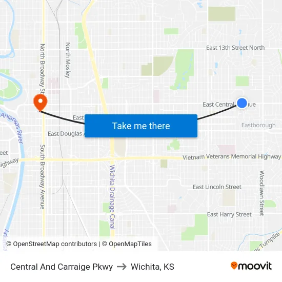 Central And Carraige Pkwy to Wichita, KS map