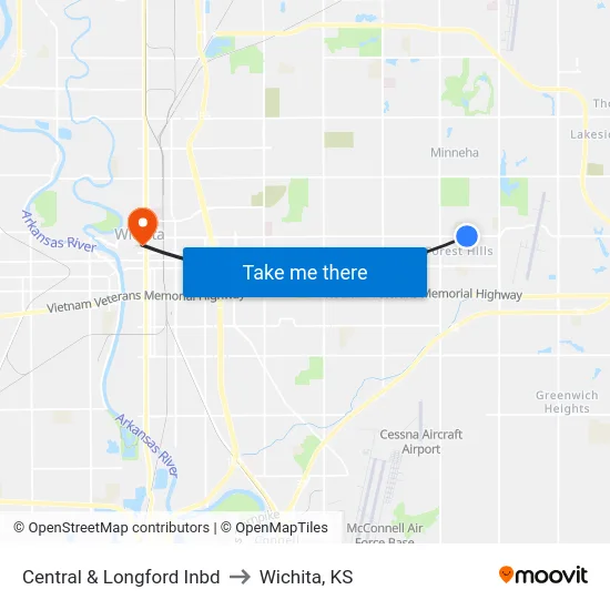 Central & Longford Inbd to Wichita, KS map