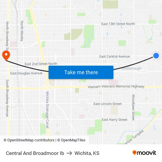 Central And Broadmoor Ib to Wichita, KS map